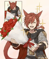 Rule 34 | 1boy, ^ ^, absurdres, animal ears, archon mark, black gloves, black scarf, bouquet, bowing, braid, cat boy, cat ears, cat tail, closed eyes, elbow gloves, facial mark, facing viewer, final fantasy, final fantasy xiv, fingerless gloves, flower, g&#039;raha tia, gloves, grey shirt, hair ornament, highres, holding, holding bouquet, incoming gift, male focus, mbomb, miqo&#039;te, multiple views, neck tattoo, open mouth, red flower, red hair, red rose, rose, scarf, shirt, short hair, single braid, sparkle, swept bangs, tail, tattoo, upper body, watermark, weibo watermark, white background, x hair ornament
