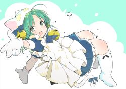 1girl :d ahoge animal_hat apron back_bow bell black_ribbon blue_bow blue_bowtie blue_dress bow bowtie cat_girl cat_hat cat_tail commentary_request dejiko di_gi_charat dress footwear_ribbon full_body green_eyes green_hair hair_bell hair_bow hair_ornament hat highres jingle_bell kinomoto_(nazonoinu) looking_at_viewer medium_hair mittens neck_bell open_mouth parted_bangs paw_shoes petticoat puffy_short_sleeves puffy_sleeves ribbon shoes short_sleeves smile solo tail tail_bow tail_ornament two_side_up white_apron white_bow white_hat white_mittens white_shoes