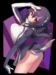 1girl absurdres arched_back bird_tail cowboy_shot cropped_legs female_focus hair_between_eyes headphones highres hood hood_down hooded_jacket humboldt_penguin_(kemono_friends) jacket kemono_friends medium_hair no_pants notora orange_eyes panties pink_hair purple_hair simple_background solo tail turtleneck underwear white_panties