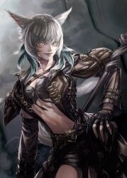 1girl absurdres animal_ears archon_mark belt breasts cat_ears cat_tail cleavage commentary_request dark-skinned_female dark_skin dated facial_mark final_fantasy final_fantasy_xiv fingerless_gloves gloves grey_eyes hand_on_own_hip highres jacket looking_at_viewer medium_breasts mihira_(tainosugatayaki) miqo&#039;te neck_tattoo open_clothes open_jacket short_hair shorts solo staff tail tattoo whisker_markings white_hair y&#039;shtola_rhul