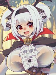 Rule 34 | 1girl, :3, :d, alvis (last origin), arch, black bra, black capelet, black hair, blush, bra, breasts, brooch, capelet, center frills, column, corset, frilled hairband, frills, gloves, goth fashion, gothic lolita, hair between eyes, hairband, head wings, high collar, highres, jewelry, lace, lace-trimmed bra, lace trim, large breasts, last origin, lolita fashion, looking at viewer, neck ruff, open mouth, pillar, pixiv id, red eyes, see-through clothes, see-through shirt, shirt, signature, smile, solo, teeth, tongue, twintails, twitter username, umigarasu (kitsune1963), underwear, vampire, white hair, wings