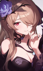 1girl absurdres bare_shoulders breasts brown_hair cleavage flower hair_flower hair_ornament hair_over_one_eye highres honkai_(series) honkai_impact_3rd long_hair looking_at_viewer mole mole_under_eye red_eyes rita_rossweisse rita_rossweisse_(fallen_rosemary) rose shali smile solo