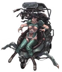 1girl black_hair boots breasts cigarette female_focus jpeg_artifacts junny long_hair mecha original robot solo underboob
