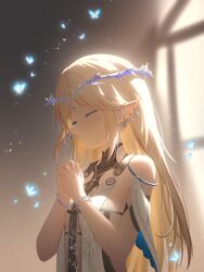 Rule 34 | 1girl, absurdres, bare shoulders, black collar, blonde hair, breasts, cartethyia (wuthering waves), closed eyes, closed mouth, collar, crown of thorns, doraski, earrings, highres, jewelry, long hair, missing commentary, own hands clasped, own hands together, pointy ears, small breasts, solo, tabard, tacet mark (wuthering waves), white tabard, wuthering waves