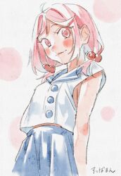 Rule 34 | 1girl, alternate costume, alternate hairstyle, blue sailor collar, blue skirt, casual, commentary request, cowboy shot, hair bobbles, hair ornament, hair over shoulder, kantai collection, low twintails, pink eyes, pink hair, sailor collar, sailor shirt, sazanami (kancolle), shirt, short hair, skirt, solo, suppaman (rfjy), twintails, white shirt