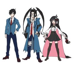 1boy 1girl :3 ahoge antenna_hair bandaged_leg bandages black_cape black_hair black_skirt black_thighhighs blazer blue_coat blue_jacket blue_pants blush brother_and_sister brown_shoes cape center_frills chuunibyou closed_mouth cmyk:_sameda_kazuou_wa_chuunibyou_ga_naosenai coat collared_shirt eyepatch frills frown full_body green_eyes hair_ornament hair_over_one_eye hand_on_own_hip hexagram highres jacket jewelry koba long_hair long_sleeves looking_at_viewer medical_eyepatch multiple_views necktie open_mouth pants pendant pink_cape red_necktie sameda_iku sameda_kazuou school_uniform shirt shirt_tucked_in shoes siblings simple_background skirt smile star_of_david suspender_skirt suspenders thighhighs twintails two-tone_cape two_side_up v-shaped_eyebrows white_background white_shirt