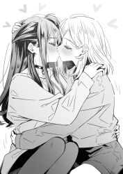 2girls blush closed_eyes commentary greyscale hand_on_another&#039;s_head highres izumi_shiho long_hair long_sleeves lwmina70119 medium_hair mizuguchi_aki monochrome multiple_girls nail_polish one_side_up pantyhose sasayaku_you_ni_koi_wo_utau sidelocks skirt sweatdrop sweater yuri