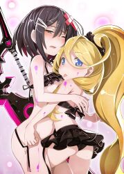2girls ahoge alice_(mary_skelter) ass bikini bikini_skirt bikini_top_lift black_bikini black_hair blonde_hair blush clothes_lift frilled_bikini frills hair_ornament hairclip highres huge_weapon leg_between_thighs licking loli long_hair looking_at_viewer mary_skelter messy multiple_girls nipples nude_filter open_mouth rapunzel_(mary_skelter) short_hair swimsuit sword third-party_edit tongue tongue_out untied_bikini weapon wince yuri