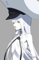 1girl absurdres argusrho_01 blue_archive breasts collar colored_skin colored_tongue grey_background hat highres large_hat long_hair malkuth_(blue_archive) simple_background small_breasts solo symbol-shaped_pupils tongue tongue_out upper_body white_collar white_hair white_skin x-shaped_pupils x_x yellow_tongue