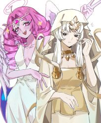 2girls angel_wings black_eyes breasts bright_pupils circlet colored_eyelashes commentary cookie_run cookie_run:_kingdom dress eternal_sugar_cookie halo haniwa15 hashtag-only_commentary highres long_hair multiple_girls mystic_flour_cookie open_mouth parted_lips pink_eyes pink_hair ringlets sleeveless sleeveless_dress smile v veil white_dress white_hair white_pupils white_veil white_wings wings