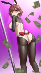 1girl animal_ears ass banknote blush breasts brown_hair censored cleft_of_venus crotchless crotchless_pantyhose embarrassed fake_animal_ears from_behind frown hair_ornament hairclip highres higuchi_madoka idolmaster idolmaster_shiny_colors large_breasts meme_attire mole mole_under_eye money mosaic_censoring nipples pantyhose pole purple_background purple_eyes pussy rdy reverse_bunnysuit reverse_outfit shrug_(clothing) solo standing stripper_pole