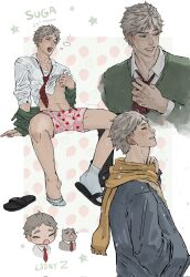 1boy aged_up cat chibi closed_eyes clothes_lift collared_shirt freaka_loonyz from_side full_body grey_hair haikyuu!! heart heart_print highres lifting_own_clothes looking_at_viewer looking_to_the_side loose_necktie male_focus male_underwear mole mole_under_eye navel_hair necktie no_pants open_mouth pink_male_underwear red_necktie scarf shark_print shirt shirt_lift short_hair simple_background smile socks solo sugawara_koushi teeth tongue underwear upper_body white_shirt white_socks yawning yellow_scarf