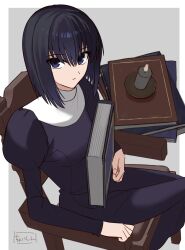 Rule 34 | 1girl, black dress, black hair, book, border, candle, chair, closed mouth, commentary request, dress, expressionless, grey background, habit, hair between eyes, highres, holding, holding book, juliet sleeves, kuonji alice, long sleeves, looking at viewer, looking up, mahou tsukai no yoru, outside border, puffy sleeves, purple eyes, shintyoi2, short hair, simple background, sitting, solo, white border