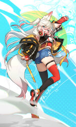 1girl :d absurdres animal_ear_fluff animal_ears arm_up artist_name ass asymmetrical_legwear black_jacket black_thighhighs blue_eyes blue_shorts breasts crop_top crop_top_overhang denim denim_shorts fang fox_ears fox_girl fox_tail full_body hair_between_eyes headphones highres jacket long_hair long_sleeves looking_at_viewer looking_back midriff multicolored_hair nana_ann off_shoulder open_clothes open_jacket open_mouth original pink_hair shirt shoes short_shorts shorts single_thighhigh skindentation smile solo tail thigh_strap thighhighs two_side_up very_long_hair watermark weibo_username weibo_watermark white_hair zoom_layer