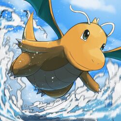 absurdres antennae blue_sky day dragonite flying gen_1_pokemon highres nintendo no_humans outdoors pokemon pokemon_(creature) sky solo spicyichizo water wings