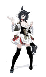 Rule 34 | 1girl, animal ears, black hair, black thighhighs, breasts, cleavage, detached sleeves, eishin flash (umamusume), highres, horse ears, horse girl, horse tail, looking at viewer, nobita (makoto7060355), off shoulder, red skirt, short hair, simple background, skirt, smile, solo, tail, thighhighs, umamusume, white background