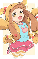 1girl :d absurdres animal_ears blue_shirt blush border bow brown_background brown_eyes brown_hair brown_jacket collarbone commentary_request ear_bow full_body highres hood hood_up hooded_jacket ichihara_nina idolmaster idolmaster_cinderella_girls jacket layered_skirt long_hair looking_at_viewer notice_lines open_mouth outline outstretched_arms pantyhose rabbit_ears red_bow red_shoes red_skirt shirt shoes skirt smile solo striped_clothes striped_pantyhose temari_rin very_long_hair white_border white_outline
