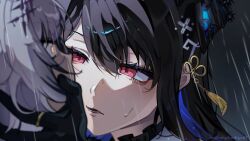 Rule 34 | 2girls, alien stage, black gloves, black hair, blue hair, close-up, commentary, english commentary, gloves, grey hair, hand on another&#039;s face, highres, hololive, hololive english, jewelry, melodyluckycat, mole, mole under eye, multicolored hair, multiple girls, nerissa ravencroft, nerissa ravencroft (1st costume), open mouth, rain, red eyes, ring, shiori novella, shiori novella (1st costume), signature, tassel, two-tone hair, virtual youtuber, yellow eyes, yuri