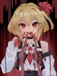 1girl absurdres biting black_choker blood blood_on_clothes blood_on_face blood_on_hands choker clothing_cutout collared_shirt fang guro hair_between_eyes hair_ribbon highres index_finger_raised intestines long_sleeves looking_at_viewer nyarocks one_side_up open_mouth red_eyes red_ribbon ribbon rumia shirt shoulder_cutout slit_pupils solo tongue tongue_out touhou white_shirt