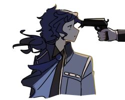 Rule 34 | 1boy, 1other, asher11432, blue coat, blue hair, brooch, chesed (project moon), coat, frills, gun, gun to head, handgun, holding, holding gun, holding weapon, jewelry, library of ruina, low ponytail, male focus, out of frame, ponytail, popped collar, project moon, roland (project moon), sidelocks, upper body, weapon, wide-eyed, wind
