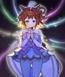 1girl ahoge animal_ears blunt_bangs blush breasts brown_hair closed_mouth collarbone commentary_request dated detached_sleeves hair_between_eyes hair_ornament highres horse_ears horse_tail medium_breasts rhein_kraft_(umamusume) saramiao-chan smile solo tail tiara umamusume