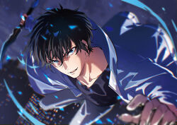 1boy absurdres artist_request black_hair black_shirt blue_eyes blue_jacket building collarbone dagger hair_between_eyes highres holding holding_dagger holding_knife holding_weapon jacket knife long_sleeves looking_at_viewer open_clothes open_jacket open_mouth outdoors pants shirt short_hair smile solo solo_leveling sung_jin-woo v-shaped_eyebrows weapon