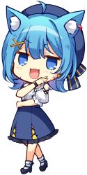 1girl ahoge animal_ear_fluff animal_ear_piercing animal_ears beret black_shoes blue_eyes blue_hair blue_hat blue_skirt blush chibi chibi_only clothing_cutout dog_ears dog_girl earrings full_body hair_ornament hat heart heart_earrings jewelry medium_hair nanashi_inc. open_mouth shirt shoes short_sleeves shoulder_cutout simple_background single_earring skirt smile socks solo souya_ichika souya_ichika_(5th_costume) transparent_background usaba_(usabara_c) virtual_youtuber watch white_shirt white_socks wristwatch x_hair_ornament