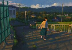 Rule 34 | 1girl, barefoot, black hair, blue skirt, blush, commentary request, evening, fjsmu, forest, glasses, highres, house, mountainous horizon, nature, original, outdoors, power lines, road, rural, scenery, shirt, short hair, skirt, solo, summer, sunset, utility pole, vanishing point, walking, white shirt