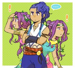 ! ... 1boy 2girls :d :o arm_guards black_armlet blue_dress blue_hair blue_pants bokujou_monogatari bokujou_monogatari:_mittsu_no_sato_no_taisetsuna_tomodachi border bracelet braid closed_mouth cornrows cowboy_shot crossed_arms curtained_hair dark-skinned_female dark-skinned_male dark_skin double_bun dress earrings flower gem gold_armlet gold_bracelet gold_earrings green_background hair_bun hair_flower hair_ornament half_updo head_wreath iluka_(bokujou_monogatari) jewelry long_hair low-tied_long_hair ludus_(bokujou_monogatari) multiple_bracelets multiple_girls necklace nora_(ko_nutai_ka) open_mouth outside_border pants parted_bangs pink_top polka_dot polka_dot_background purple_eyes purple_hair red_eyes red_gemstone scarf_belt siblings side_braids sideways_mouth siluka_(bokujou_monogatari) sisters sleeveless sleeveless_dress sleeveless_tunic smile spoken_ellipsis thick_eyebrows tunic twins two_side_up v-neck v-shaped_eyebrows wavy_hair white_border white_flower white_tunic