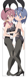 2girls 2mai84 animal_ears blue_eyes blue_hair box breasts fake_animal_ears fake_tail full_body high_heels highres in_box in_container large_breasts leotard light_blush long_hair looking_at_viewer medium_breasts medium_hair multiple_girls murosaki_miyo no_shoes onii-chan_wa_oshimai! open_mouth playboy_bunny rabbit_ears rabbit_tail red_eyes red_hair smile tachikawa_aoi tail