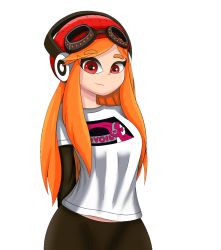 1girl arms_behind_back artist_request beanie breasts closed_mouth eyes_visible_through_hair female_focus goggles hat headphones highres long_hair looking_at_viewer md5_mismatch meggy_spletzer midriff_peek orange_hair red_eyes simple_background smg4 smile solo standing white_background