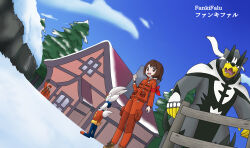 Rule 34 | 1boy, 1girl, arm at side, artist name, boots, breasts, brown eyes, brown hair, building, chimney, cinderace, clenched hand, collared jacket, dynamax band, expedition uniform, eyelashes, fankifalu, gen 8 pokemon, gloria (pokemon), hand up, happy, highres, jacket, japanese text, legendary pokemon, long sleeves, looking at viewer, matching hair/eyes, medium hair, neck, nintendo, official alternate costume, open mouth, orange jacket, orange pants, outdoors, pants, pine tree, pocket, pokemon, pokemon swsh, sidelocks, size difference, sky, small breasts, snow, standing, swept bangs, tree, urshifu, zipper pull tab