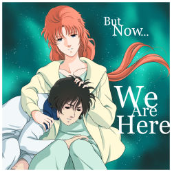 1boy 1girl banagher_links brown_hair english_text gundam gundam_unicorn hospital_gown lap marida_cruz orange_hair ponytail sleeping text_focus waeba_yuusee