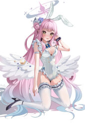 1girl alternate_costume animal_ear_hairband animal_ears armband black_shoes blonde_hair blue_archive blush breasts cleavage collar commentary detached_collar fake_animal_ears full_body garter_straps hair_bun hairband halo hand_in_own_hair hand_up high_heels highres leotard long_hair looking_at_viewer medium_breasts mika_(blue_archive) parted_lips pink_hair pink_halo playboy_bunny rabbit_ears shadow shoes solo syuma thighhighs very_long_hair white_armband white_background white_collar white_garter_straps white_hairband white_leotard white_thighhighs