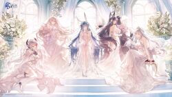 Rule 34 | 5girls, animal ears, ass, ass cutout, azur lane, backless dress, backless outfit, bare shoulders, belfast (azur lane), black hair, blue hair, bouquet, breasts, bridal veil, butt crack, cleavage, closed mouth, clothing cutout, dress, elbow gloves, enterprise (azur lane), floating hair, flower, fox ears, fox tail, full body, gloves, high heels, highres, holding, holding bouquet, kei (keiuu), long hair, looking at viewer, multiple girls, musashi (azur lane), new jersey (azur lane), official art, parted lips, prinz eugen (azur lane), shoes, sitting, smile, standing, tail, thighhighs, veil, very long hair, wedding dress, white dress, white gloves, white hair, white shoes, white thighhighs, white veil