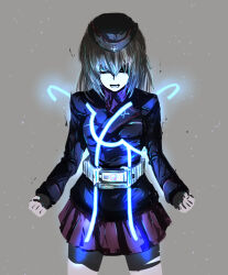 Rule 34 | 1girl, belt, black hat, black jacket, blue eyes, clenched hands, commentary, cosplay, cowboy shot, dress shirt, frown, garrison cap, girls und panzer, grey background, grey hair, hat, highres, itsumi erika, jacket, kabutowari, kamen rider, kamen rider (1st series), kamen rider psyga, kamen rider psyga (cosplay), kuromorimine military uniform, long sleeves, looking at viewer, medium hair, military hat, military uniform, miniskirt, open mouth, pleated skirt, red shirt, red skirt, shirt, skirt, solo, standing, wing collar