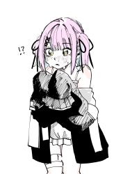 Rule 34 | !?, 1girl, absurdres, bare shoulders, black cardigan, blush, cardigan, colored inner hair, cowboy shot, hair ornament, hair ribbon, highres, kou hei (takasr kou), multicolored hair, nose blush, off shoulder, open cardigan, open clothes, open mouth, purple hair, ribbon, shinomiya runa, shinomiya runa (1st costume), sketch, solo, sweatdrop, two side up, virtual youtuber, vspo!, white background, white chemise, x hair ornament, yellow eyes