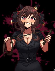 1girl absurdres alternate_costume animal_ears artist_logo black_background black_shirt black_skirt braid braided_hair_rings breast_pocket breasts cleavage collarbone color_neko_(user_yfvc3323) commentary_request cowboy_shot ear_covers ear_ornament gentildonna_(umamusume) grin hair_ornament hair_rings highres holding holding_whip horse_ears horse_girl large_breasts logo looking_at_viewer medium_hair pocket red_eyes shirt short_sleeves simple_background skirt smile solo teeth umamusume whip