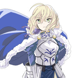 1girl ahoge armor armored_dress artoria_pendragon_(fate) blonde_hair blue_cape blue_dress braid breastplate cape commentary_request dress fate/stay_night fate_(series) frown fur-trimmed_cape fur_trim gauntlets green_eyes hair_ribbon juliet_sleeves long_hair long_sleeves puffy_sleeves ribbon saber_(fate) solo suzuakks upper_body very_long_hair