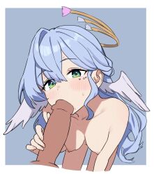 1boy 1girl blue_background blue_hair blush border breasts completely_nude erection fellatio from_above green_eyes hair_between_eyes halo head_wings hetero honkai:_star_rail honkai_(series) long_hair medium_breasts nipples nude oral penis robin_(honkai:_star_rail) solo_focus uncensored white_border white_wings wings yellow_halo yep_(70837259)