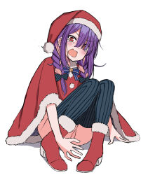 Rule 34 | 1girl, block heels, blush, bottomless, braid, braided twintails, bright pupils, cape, censored, commentary request, embarrassed, eyes visible through hair, full body, fur-trimmed cape, fur-trimmed headwear, fur-trimmed shirt, fur-trimmed shoes, fur trim, grey thighhighs, hair over one eye, hat, highres, knees up, long bangs, looking at viewer, multicolored hair, open mouth, orange eyes, orange streaks, original, purple hair, pussy, red cape, red shirt, red shoes, santa costume, santa hat, scribble censor, shirt, shoes, sidelocks, simple background, sitting, sketch, solo, streaked hair, striped clothes, striped thighhighs, tearing up, thighhighs, twintails, urushiushiru, v-shaped eyebrows, vertical-striped clothes, vertical-striped thighhighs, wavy mouth, white background, white pupils