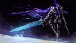 1other absurdres armor cape dual_wielding elden_ring elden_ring_nightreign extra_arms full_armor full_body gauntlets glowing glowing_sword glowing_weapon great_rune_(elden_ring) greatsword helmet heolstor_the_nightlord highres holding holding_sword holding_weapon in-universe_location moon purple_cape shoulder_armor sword tatiandart1 triple_wielding weapon