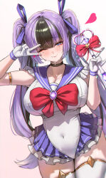 1girl absurdres alternate_costume black_hair blue_eyes breasts closed_mouth commentary_request covered_navel gloves goddess_of_victory:_nikke gradient_background hair_ribbon highres holding holding_wand jien_(nikke) jindogod large_breasts long_hair looking_at_viewer magical_girl mole mole_under_each_eye mole_under_eye multicolored_hair multiple_moles one_eye_closed pink_background purple_hair purple_ribbon ribbon smile solo thighhighs twintails two-tone_hair v wand white_gloves white_thighhighs