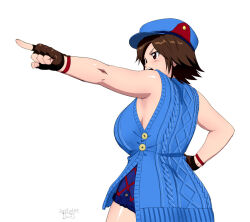 1girl 2025 bare_shoulders blue_hat blue_shorts blue_sweater blue_vest breasts brown_eyes brown_gloves brown_hair buttons cabbie_hat dated female_focus fingerless_gloves gloves hat kazama_asuka large_breasts matching_hair/eyes namco open_mouth parted_hair pointing shikofield shorts solo sweater teeth tekken tekken_8 vest white_background