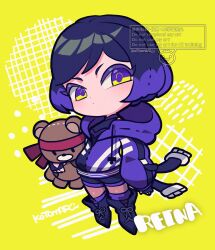 1girl boots character_doll character_name chibi chibi_only closed_mouth dot_mouth dot_nose full_body highres hood hood_down jacket kotorai kuma_(tekken) long_sleeves looking_at_viewer multicolored_eyes pantyhose purple_hair purple_jacket reina_(tekken) shorts signature solo tekken tekken_8 two-tone_eyes yellow_background