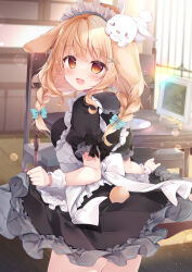 1girl animal_ears apron black_dress blonde_hair blush bow breasts brown_eyes dog_ears dog_girl dog_tail dress hair_bow hair_ornament highres indoors long_hair looking_at_viewer maid maid_apron maid_headdress open_mouth original rabbit shirosei_mochi smile solo tail twintails white_apron wrist_cuffs