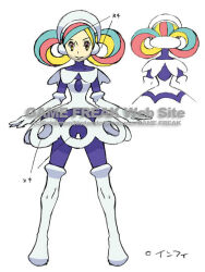 00s 1girl bodysuit bodysuit_under_clothes breasts copyright_name dress drill_hair full_body gloves infi_(pokemon) long_hair looking_at_viewer multicolored_hair multiple_views nintendo pokemon pokemon:_giratina_and_the_sky_warrior pokemon_(anime) pokemon_(creature) pokemon_dppt_(anime) reference_sheet smile sugimori_ken translation_request white_gloves yellow_eyes