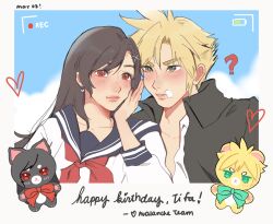 1boy 1girl ? bandaid bandaid_on_cheek bandaid_on_face battery_indicator birthday black_hair black_jacket blonde_hair blue_eyes blue_sailor_collar blue_sky blush char_(shanqi_art) character_name closed_mouth cloud cloud_strife cloud_strife_(midgard_seventh_high_school) cloudy_sky collarbone commentary delinquent doll earrings english_commentary final_fantasy final_fantasy_vii final_fantasy_vii_ever_crisis gakuran hair_ornament hairclip hand_on_own_cheek hand_on_own_face happy_birthday heart heart_earrings highres jacket jewelry lips long_hair looking_at_another looking_to_the_side neckerchief official_alternate_costume open_clothes open_jacket pink_lips recording red_eyes red_neckerchief sailor_collar school_uniform serafuku shirt short_hair sky spiked_hair tifa_lockhart tifa_lockhart_(midgard_seventh_high_school) upper_body white_shirt