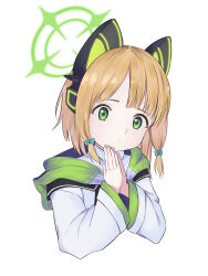 1girl animal_ear_headphones animal_ears blonde_hair blue_archive bow cat_ear_headphones cat_ears closed_mouth collared_shirt commentary cropped_torso dot_mouth fake_animal_ears green_bow green_eyes green_halo green_jacket hair_bow halo hands_up head_tilt headphones highres hood hood_down hooded_jacket jacket long_sleeves looking_at_viewer low-tied_sidelocks medium_hair midori_(blue_archive) multicolored_jacket own_hands_together palms_together parted_bangs school_uniform shirt sidelocks simple_background solo tareme tomorimori upper_body white_background white_jacket white_shirt wide_sleeves