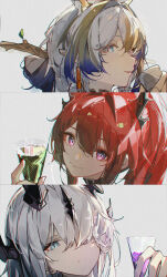 arknights black_horns blonde_hair blue_hair cocktail_glass cup drink drinking_glass earrings eastern_dragon_horns film_grain grey_background grey_eyes grey_hair hair_between_eyes hair_bun hair_intakes hair_over_one_eye heavy_film_grain highres holding holding_cup holding_drink horns jewelry long_bangs long_hair looking_at_viewer multicolored_hair necrass_(arknights) openvl parted_lips pointy_ears portrait purple_eyes red_hair shu_(arknights) sidelocks sideways_glance smile surtr_(arknights)